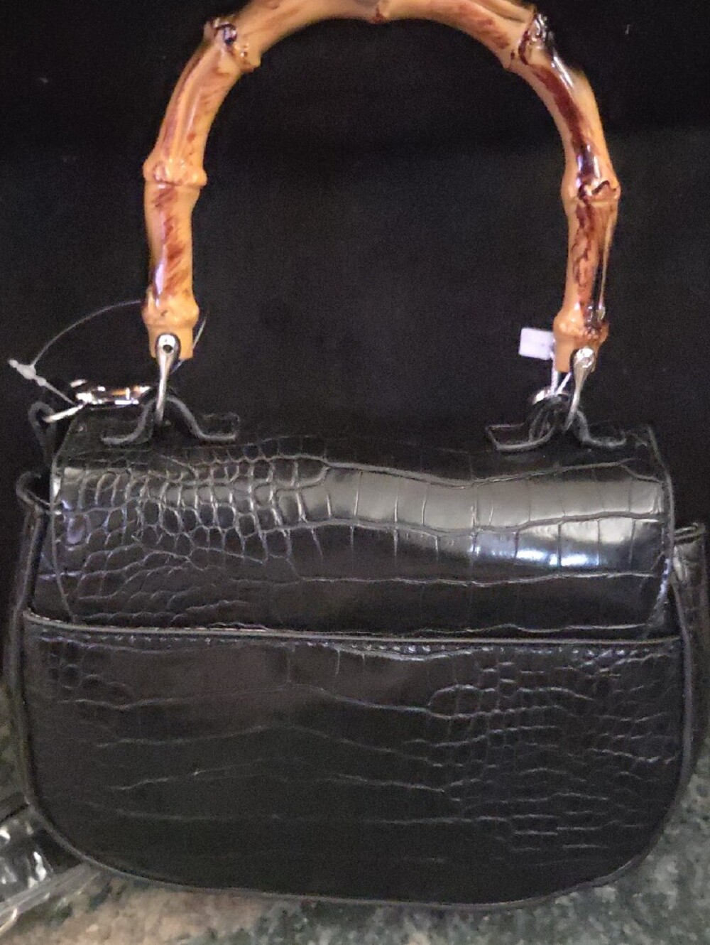 Small Christian Lacroix Black Croc-Embossed Satchel with Bamboo-Style Handle - Picture 2 of 4
